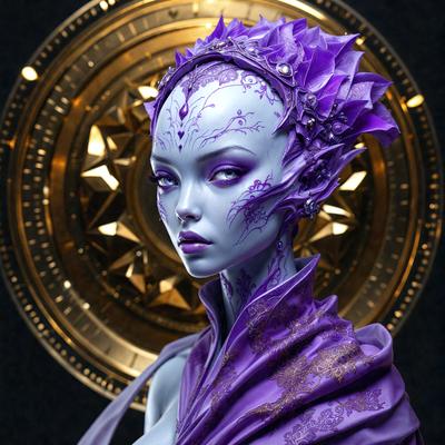 The primary subject of the image is a purple-haired, blue-eyed, androgynous character, possibly a robot or an alien, wearing a purple and gold outfit. The character is standing in front of a gold and purple circular object, which serves as the background. The visual style of the image is a combination of digital art and illustration, creating a unique and intriguing appearance. The colors and mood of the image are predominantly purple and gold, giving it a fut